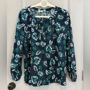 LOFT Dark Blue Blouse with Green and Lavender Floral Pattern